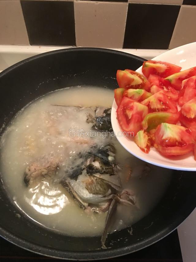 加番茄一起大火煮 开，然后中火煮15分钟