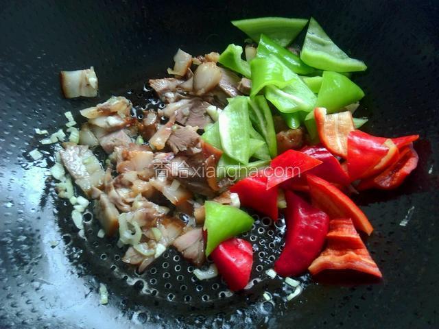 放入猪头肉，青椒，彩椒翻炒均匀。