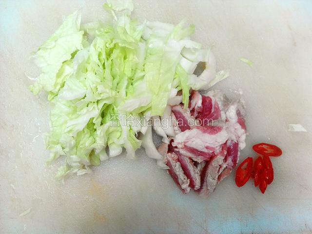 将五花肉炒薄片，蒜和辣椒切片，白菜切丝