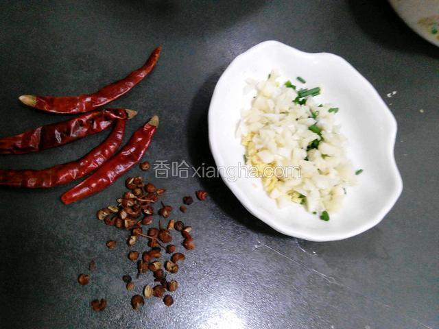 接下来准备蘸饺子的料汁，蒜去皮切末与留下来的葱姜末放碟内并撒少许盐