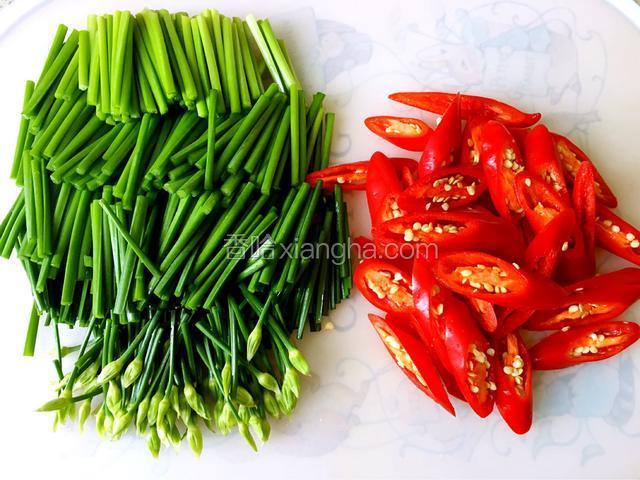 韭菜花切小段，红尖椒斜切成圈。