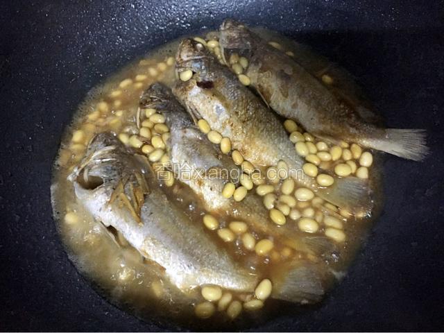 煮至鱼熟黄豆软烂时放入适量的盐和鸡精调味即可关火