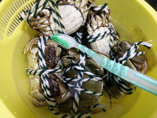 开着自来水用牙刷把蟹洗干净，每个部位都刷刷