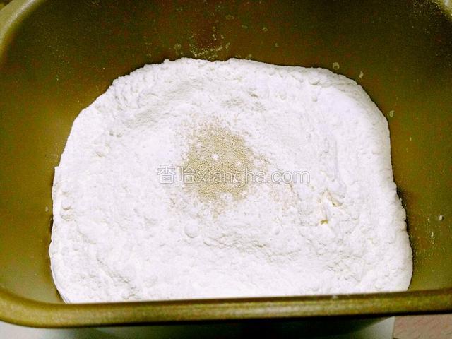 准备普通面粉，加酵母粉，添加适量清水，面包机揉一个程序20分钟，