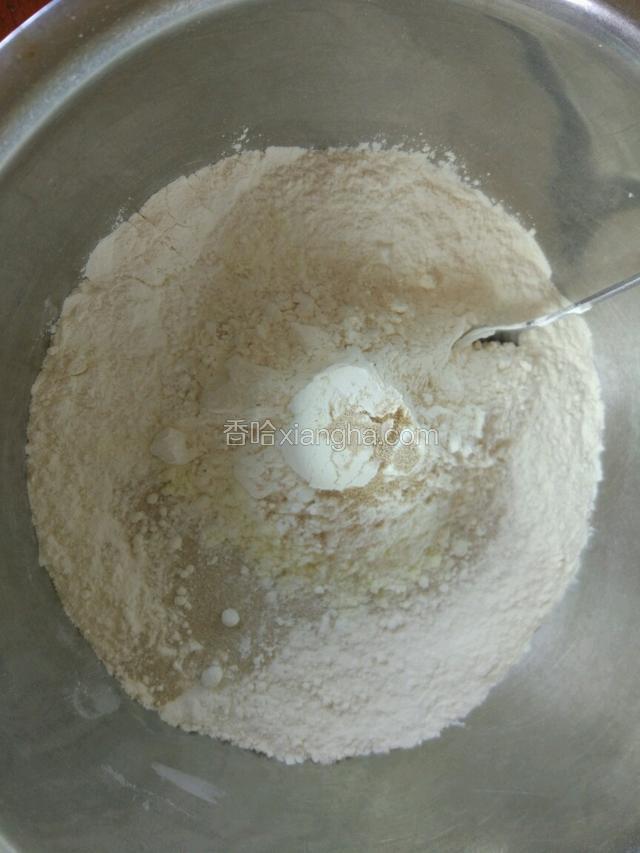把面粉放入一个比较大的容器，加入适量的白糖，酵母，盐，奶粉！