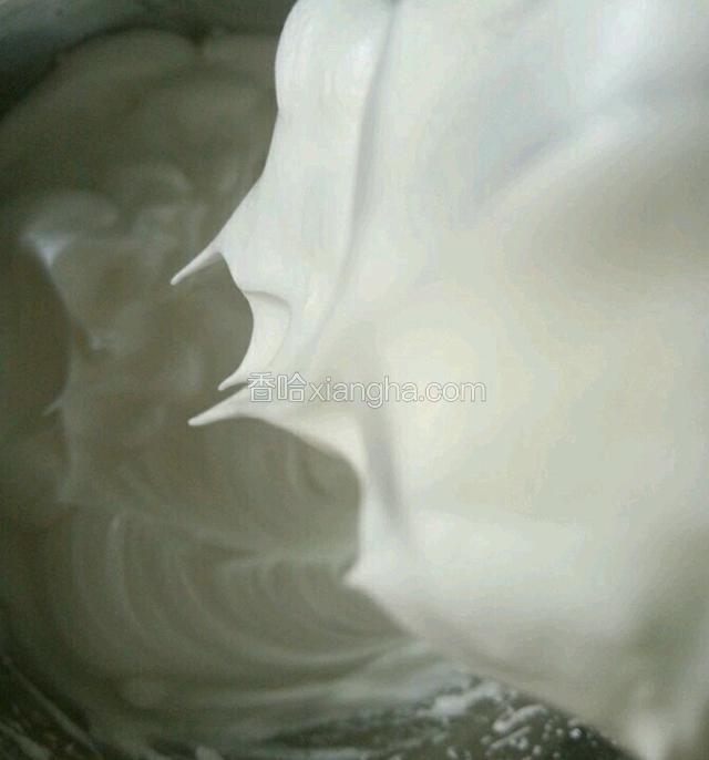 打发约两分钟后，提起打蛋器头，发泡出现直立小尖角即可，打发全程约3分钟。此为质感细腻的蛋白霜。