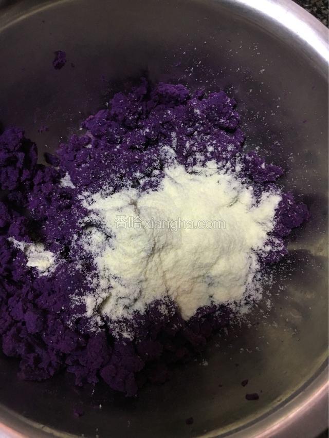 蒸熟的紫薯压成泥状加入适量的奶粉