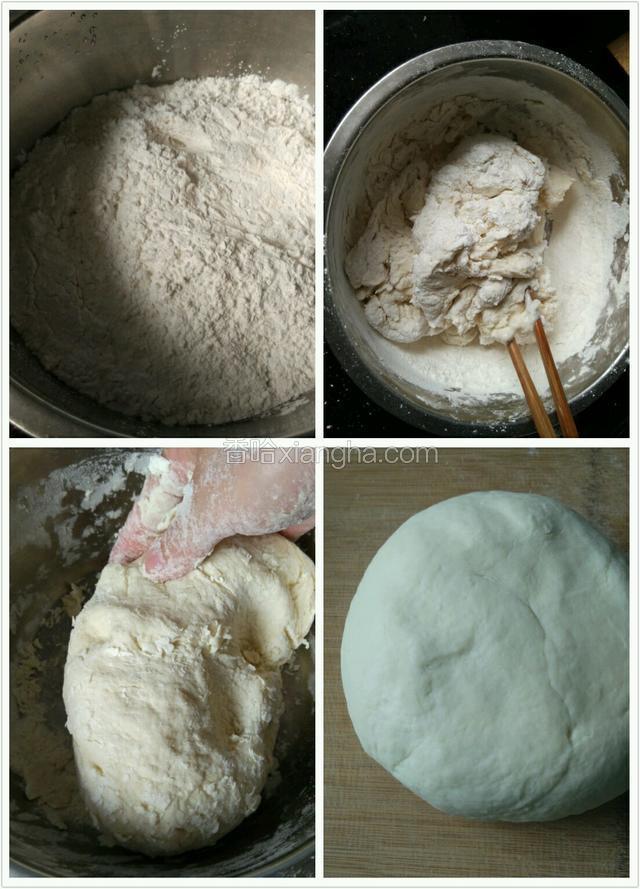 用筷子把面粉搅成棉絮状，用手揉搓，转到案板上揉光滑。