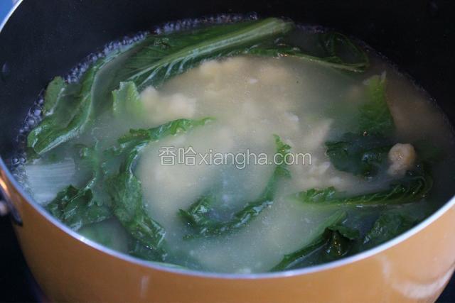 煮至大约五分钟面疙瘩熟透即可加入盐和鸡精调味，具体时间根据面疙瘩情况调整