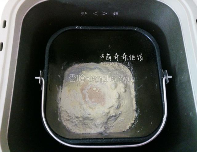 发酵好的种面团撕成小块加入主面团除黄油外的其他材料，先液体后分类，最后放酵母。