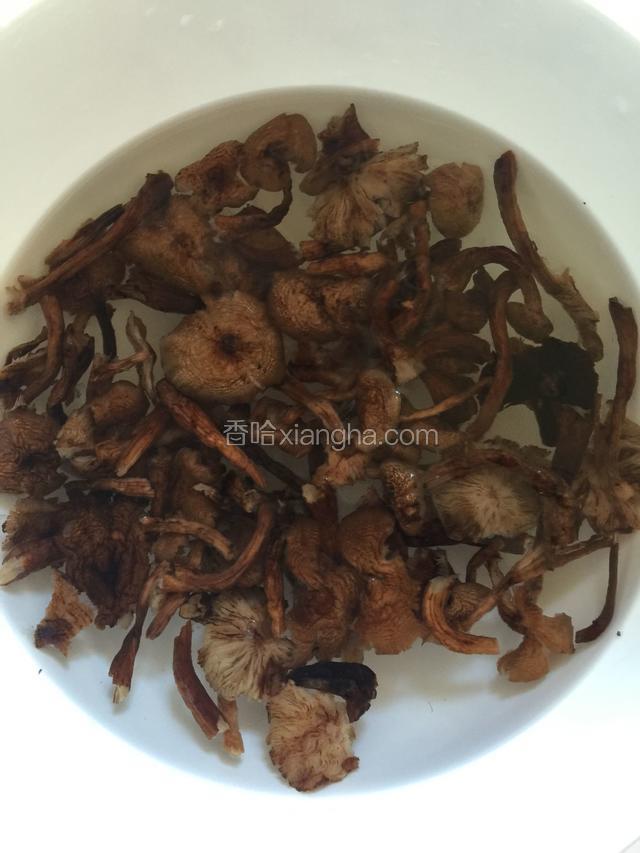 蘑菇摘掉根部的泥土杂物，清洗3-5遍，换清水浸泡5-6小时。
