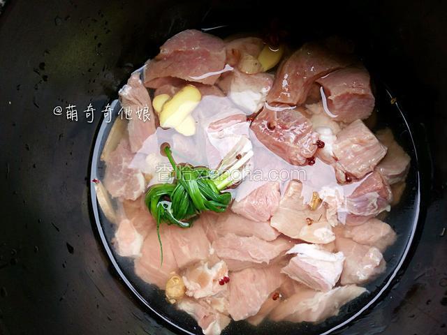 将里脊肉用水浸泡掉血水后切成块，剔去筋膜。
加姜片，花椒粒，料酒，八角，葱打成结，加水没过猪肉，用电压力锅煮20-25分钟即可。

如果是放燃气灶上的压力锅则转头开始唧唧叫后转中小火再煮15分钟即可。
如果没有压力锅则用炒锅煮，大概需要50-60分钟。
反正无论用什么锅煮，最后煮好的肉一定要是用手一捏就散的程度就行。
嫌浸泡血水麻烦可以先焯水一遍，焯去血泡，这样肉更干净。
