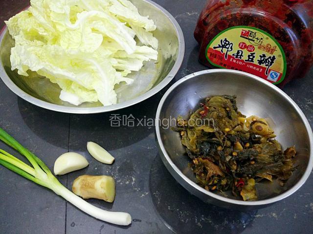 准备食材，大块的酸菜切细，
（我用的是酸菜鱼配料里的酸菜，自带辣味）