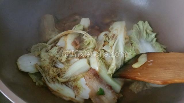 炒至白菜变软后加入少许蚝油，生抽调味，加入适量的水