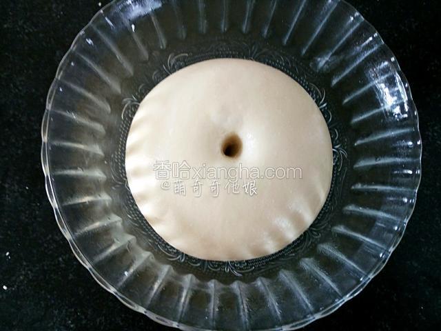 发酵至2.5倍大。
然后取出按压折叠排气，再次滚圆盖保鲜膜松弛15分钟。