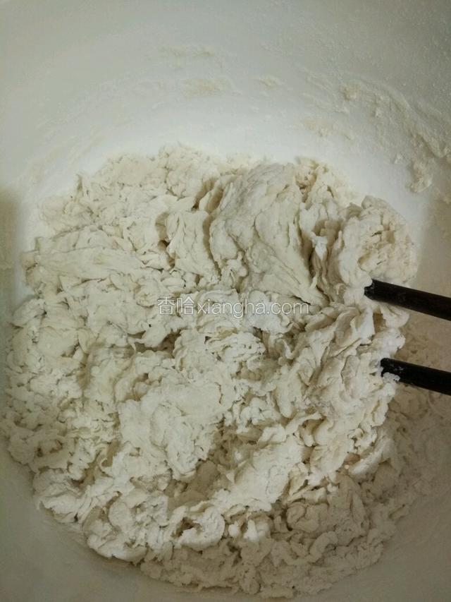 把化开的酵母水加入面粉里，用筷子搅拌成棉絮状。如果怕太稀，温水就不用全部拿来融化酵母，要预留一点。因为不同牌子面粉吸水量也不同，要自己掌握增减水量。