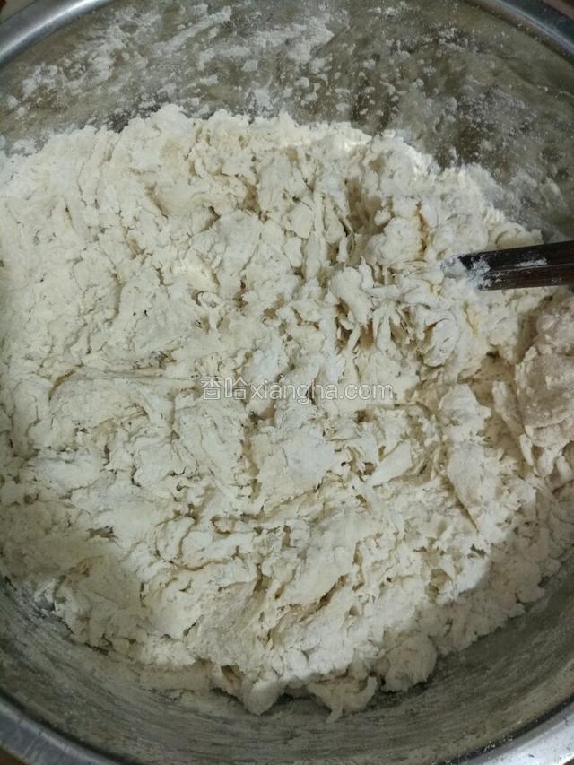 把化开的酵母加到面粉里，再加入剩下的温水，水不要一次性加完预留20ml左右，以免过稀了，因为不同牌子面粉的吸水量也不同。用筷子搅拌成棉絮状