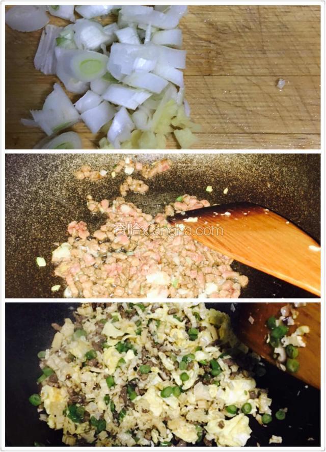 葱姜爆香炒牛肉末，最后混合馅料，加入调料。