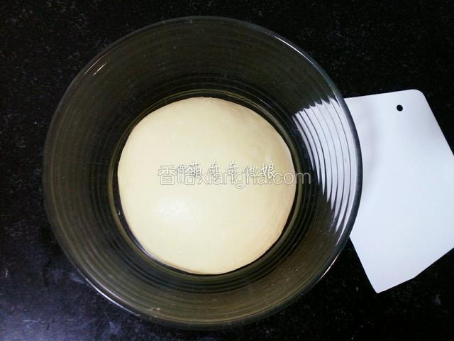 滚圆放容器里覆盖保鲜膜放温暖处进行一次发酵，一发温度为26-28℃为宜。