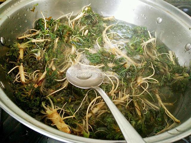 锅中烧开水，把荠菜放开水里焯水1到2分钟，荠菜老就多烫一会儿，很嫩个的就省略这一步