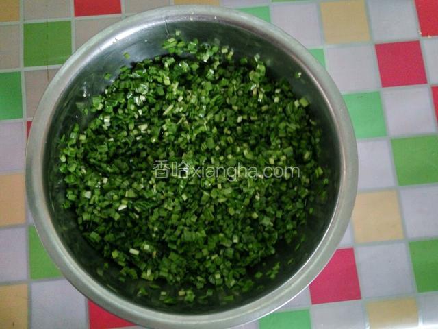 韭菜切碎，加半匙香油 半匙玉米油拌匀