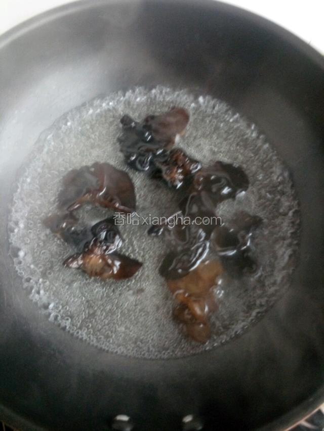 黑木耳泡发上锅焯水。