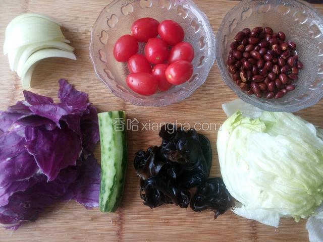 所有主要材料：洋葱、小番茄、油炸花生米、紫甘蓝、黄瓜、黑木耳、生菜。