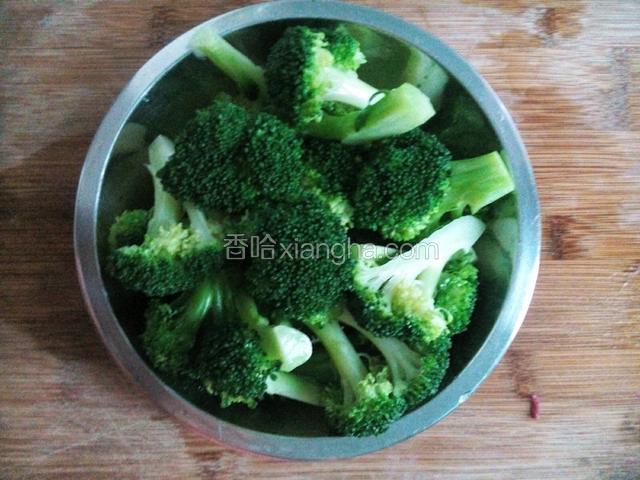 西兰花洗净，锅里烧开水，放少许盐、油，再把西兰花倒进焯水1分钟，再放进冷水里，出控水