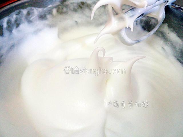 蛋白分三次加入白糖打发至提起打蛋器呈弯勾即可。
第一次打发至呈粗泡状态加入三分之一白糖。
第二次打发至细腻浓密的泡沫时加入三分之一白糖。
第三次打发至出现明显纹路时加入剩下的三分之一白糖。