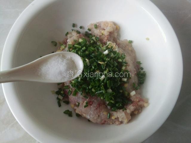 剁好的鱼肉放入大碗中，放入葱花和一勺盐