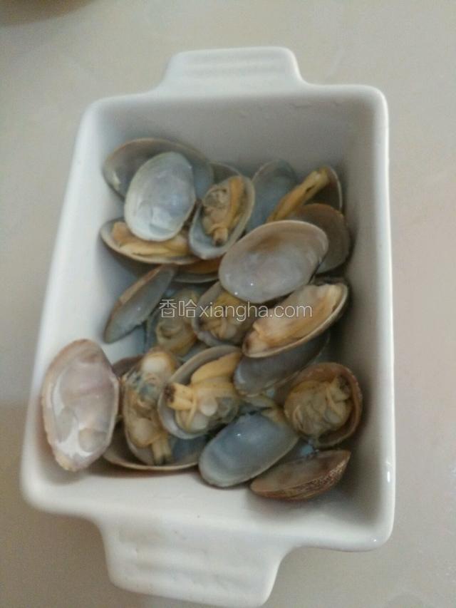 取合适的蒸碗将烫好的蛤蜊摆入碗底。