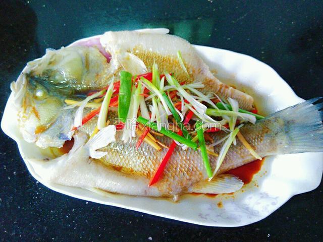 趁热把油倒在鱼身上，再把葱丝铺上即可。