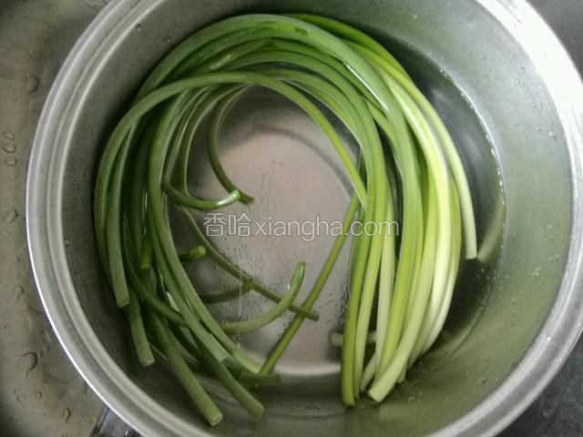 蒜苗清水洗净；