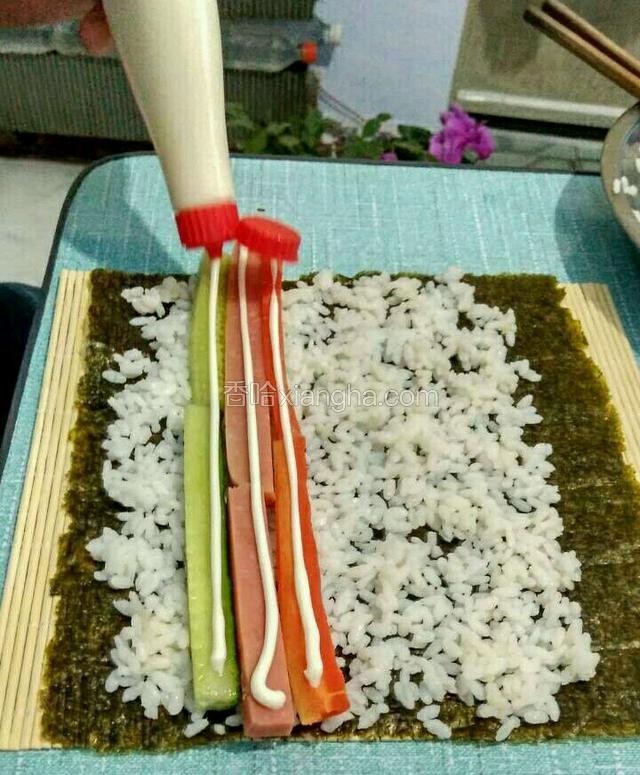 放上黄瓜条和胡萝卜条还有火腿调，然后挤上沙拉酱。