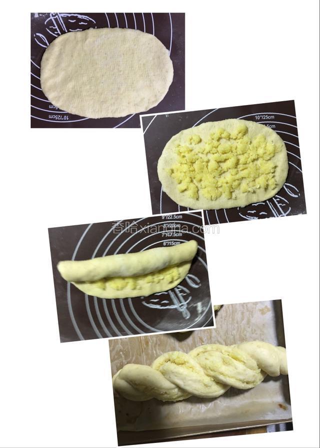 还有一种花型：将小面团擀成长方形撒上椰蓉馅，卷成筒状中间切开扭成麻花（其实我最喜欢这种简单的麻花型了）；