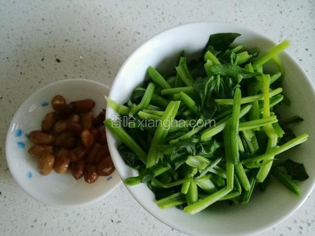 菠菜捞出控水，准备好油炸花生米；