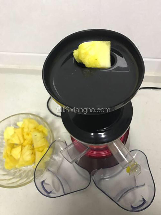将浸泡好的菠萝放入榨汁机中，根据个人喜好，可兑水（凉白开或者热水）