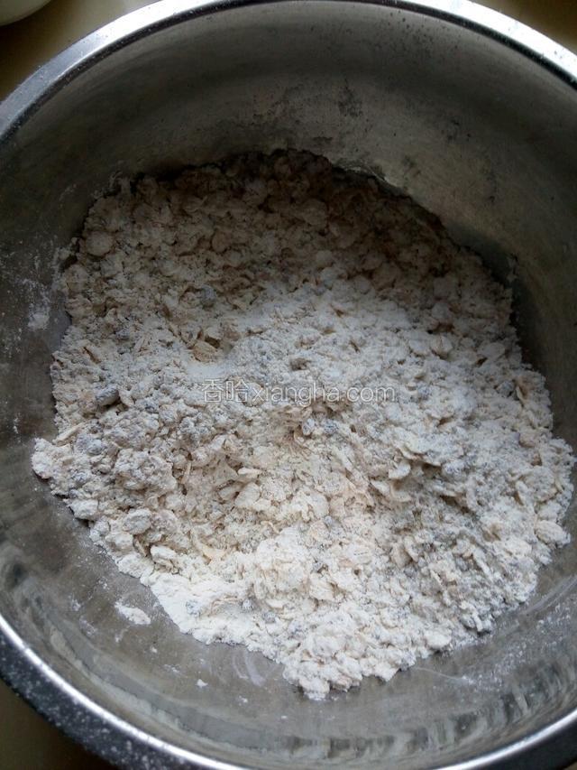低粉和小苏打混合后也筛入碗里，然后和燕麦片，椰蓉等混合均匀
