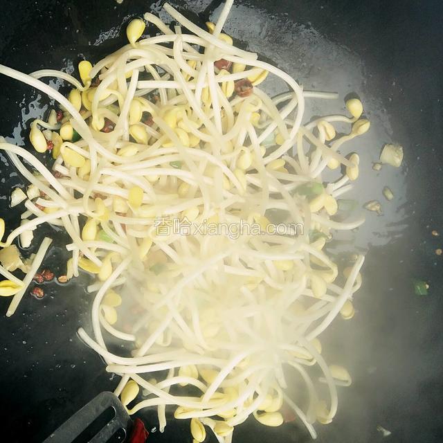 放入豆芽翻炒一分钟
