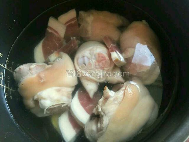 把猪蹄和咸肉放入电饭煲中加入适量的清水