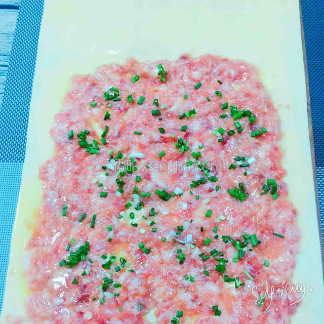 肉末均匀的铺在干豆腐上，一头要留出一些以便好卷，撒上葱花