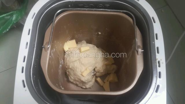 按面包机投放顺序，除黄油外所有主面团材料揉成团，再添加黄油，继续揉。