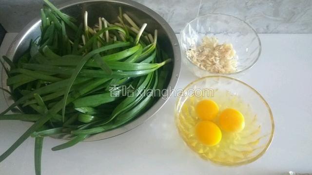 准备馅料。韭菜洗净，鸡蛋打入碗里，虾皮洗净。馅料可根据自己口味拌。