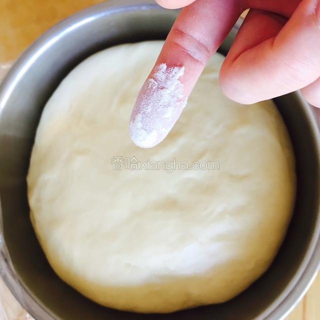 放入盆中加盖保鲜膜放到温暖处发酵一个小时。用手指沾面粉戳个洞。