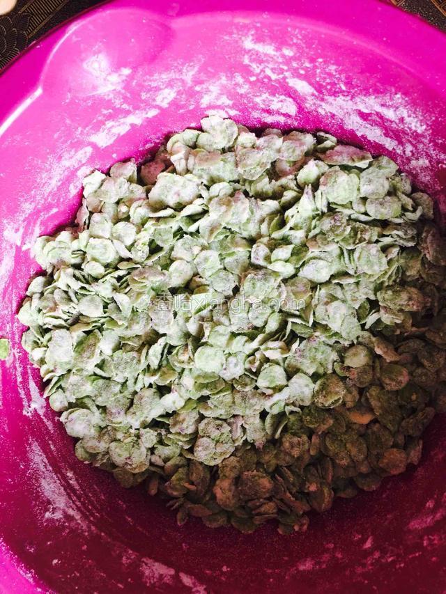 榆钱里放入少量油，少许盐，十三香，花椒粉，搅拌均匀，最后放入玉米面和面粉，不要一次性放进去，一边搅拌一边加入，感觉每个榆钱都裹住了面粉，而且不粘连，就好了