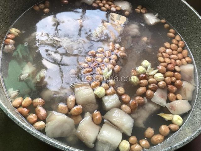 锅里放入适量的水烧开，到入猪尾，花生，百合跟莲子（煲的时间比较长，所以要多放点水）