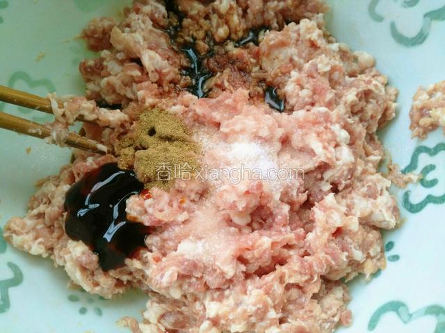猪肉馅加一点水搅打上劲，加入调料盐，十三香，生抽，蚝油