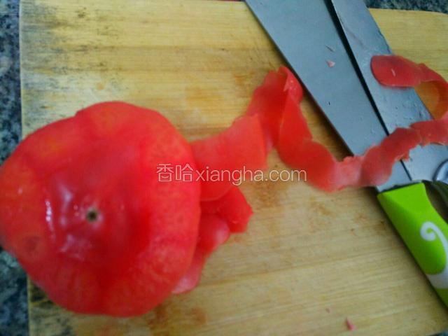 将番茄转圈削皮，不要削断，内卷成一朵玫瑰花