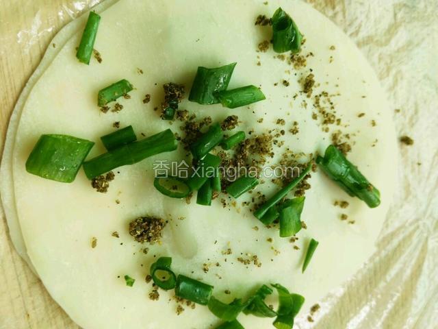 取出一张饺子皮，涂少许油，撒椒盐，放葱花