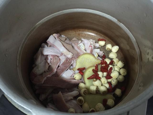 把猪肚，姜片，莲子和枸杞放入高压锅里。（莲子和枸杞要清洗干净哦）